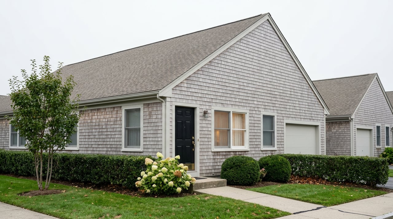 Attached two-story townhome with gray cedar shingles, black entry door, clipped hedge, and shallow front lawn.