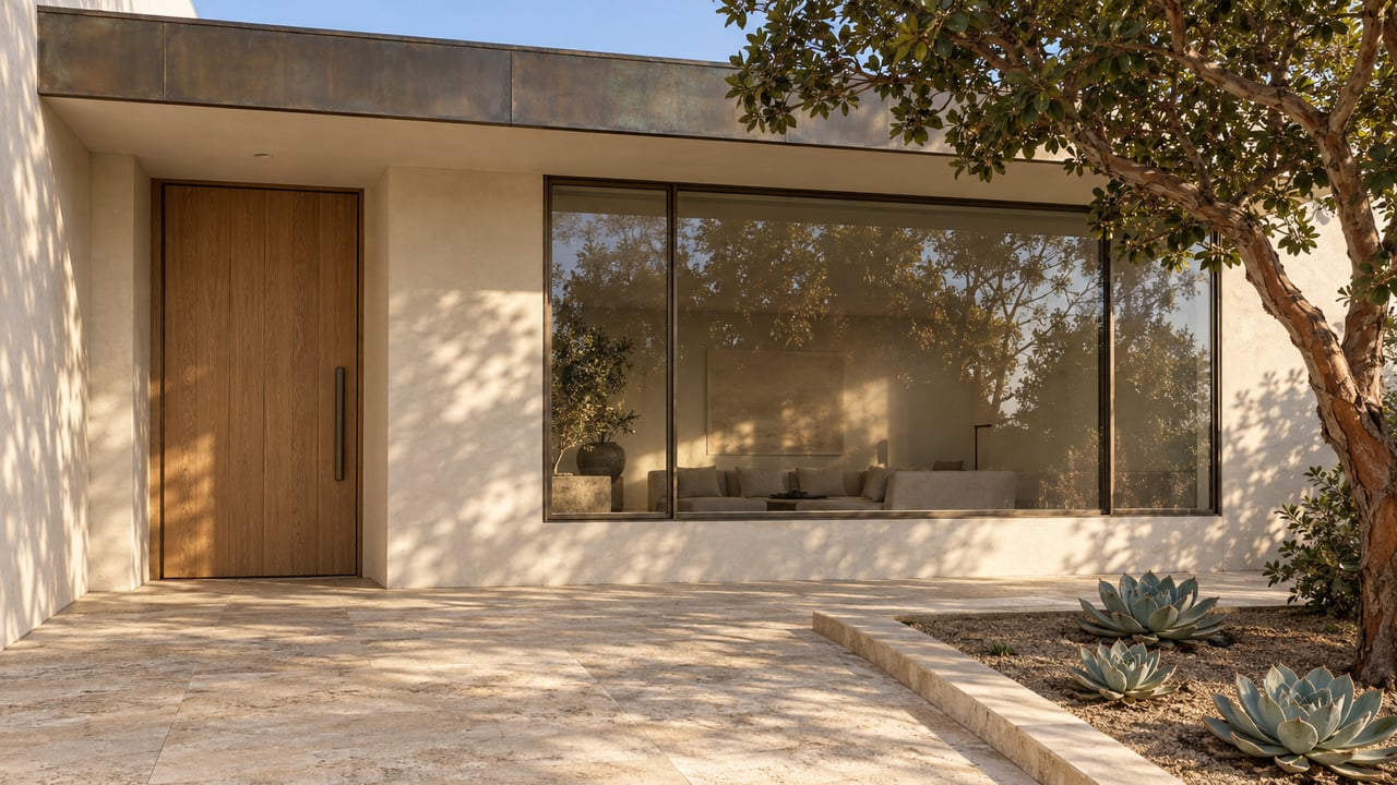Pale stucco home with a sheltered oak entrance, bronze-framed window, limestone approach and sculptural strawberry tree.