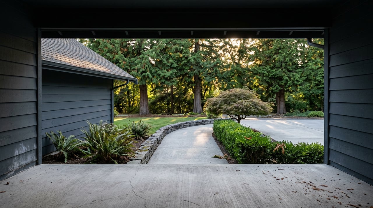 Shaded entry frames a walk curving past boxwood and a Japanese maple toward sunlit cedars.