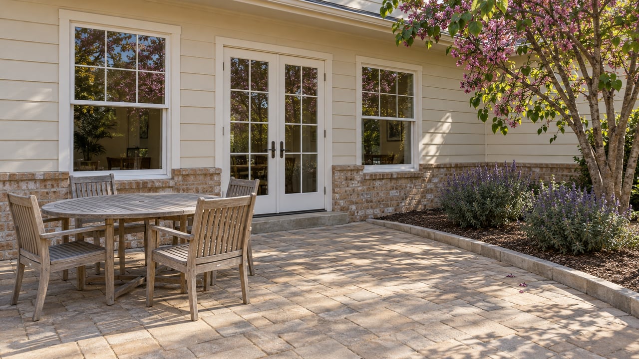 Sunlit paver patio with a weathered teak dining set beside an ivory-sided home, brick wall base, and mature redbud.