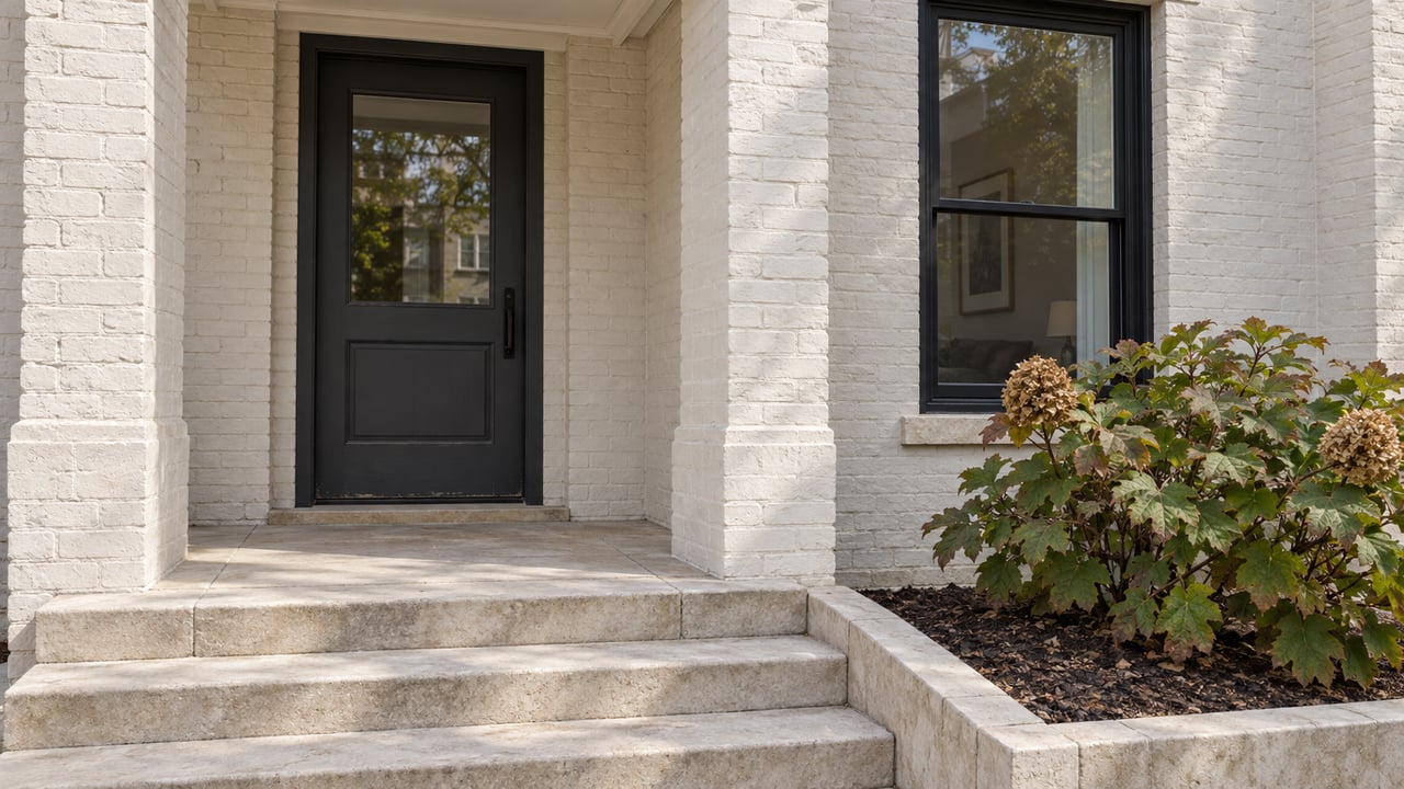 White-painted brick residential entry with a charcoal door, black-framed window, worn limestone steps, and an oakleaf hydrangea in a stone-bordered bed.