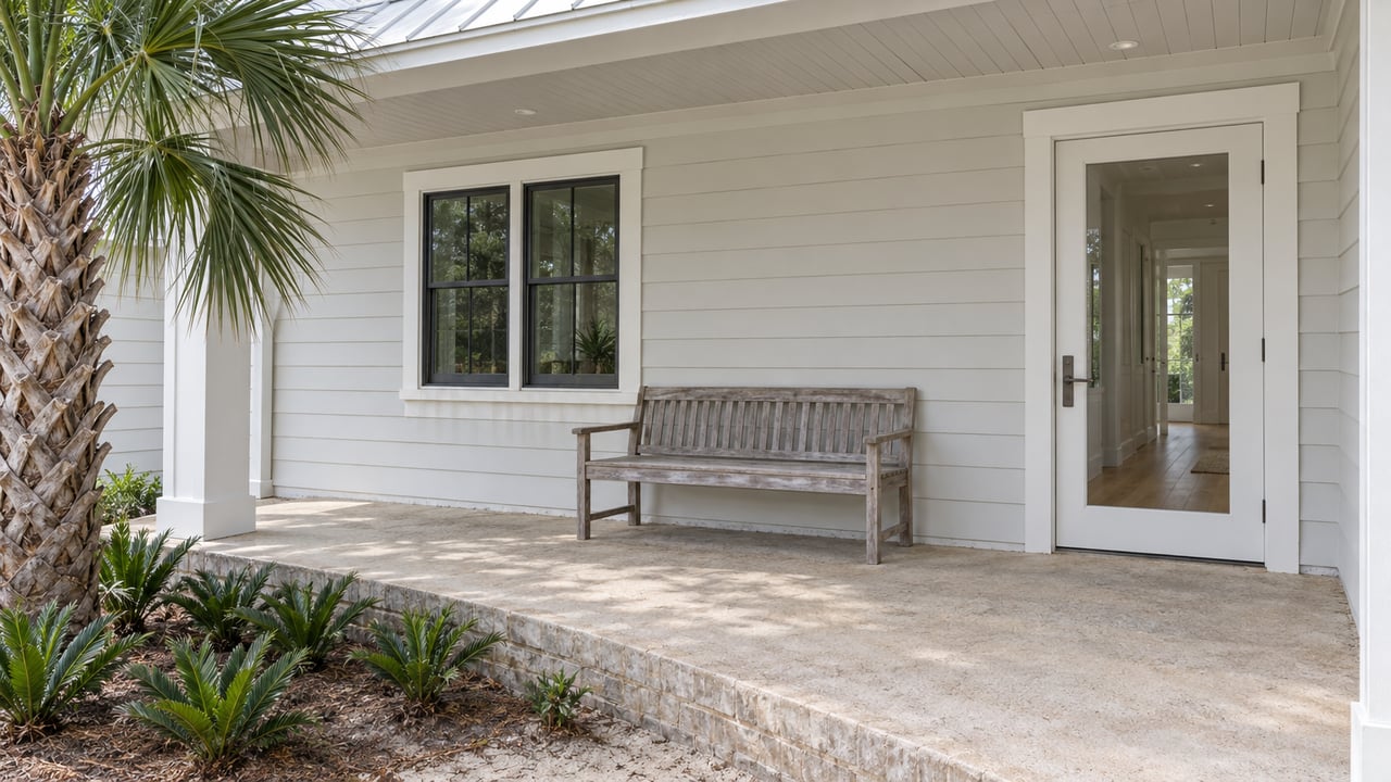 White-sided home with a glazed entry door, divided-light window, weathered teak bench and planted raised porch.