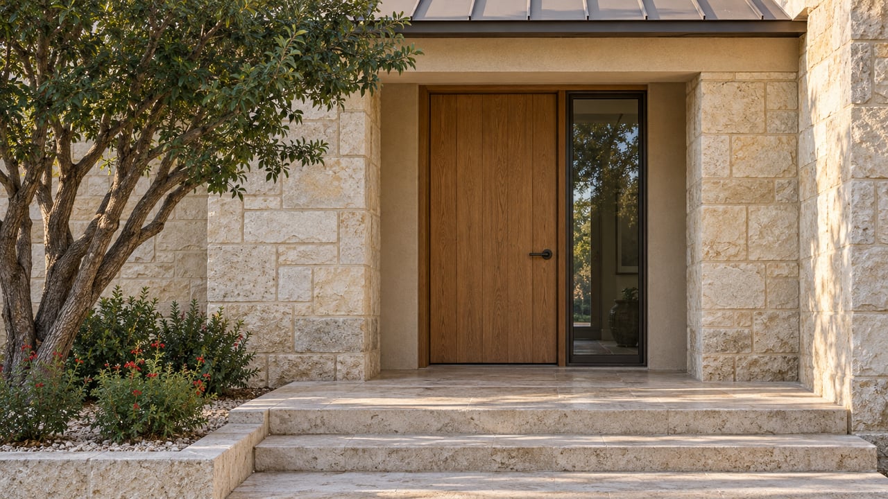 Pale limestone entrance with a recessed oak door, bronze-framed sidelight and sculptural planting beside broad stone steps.