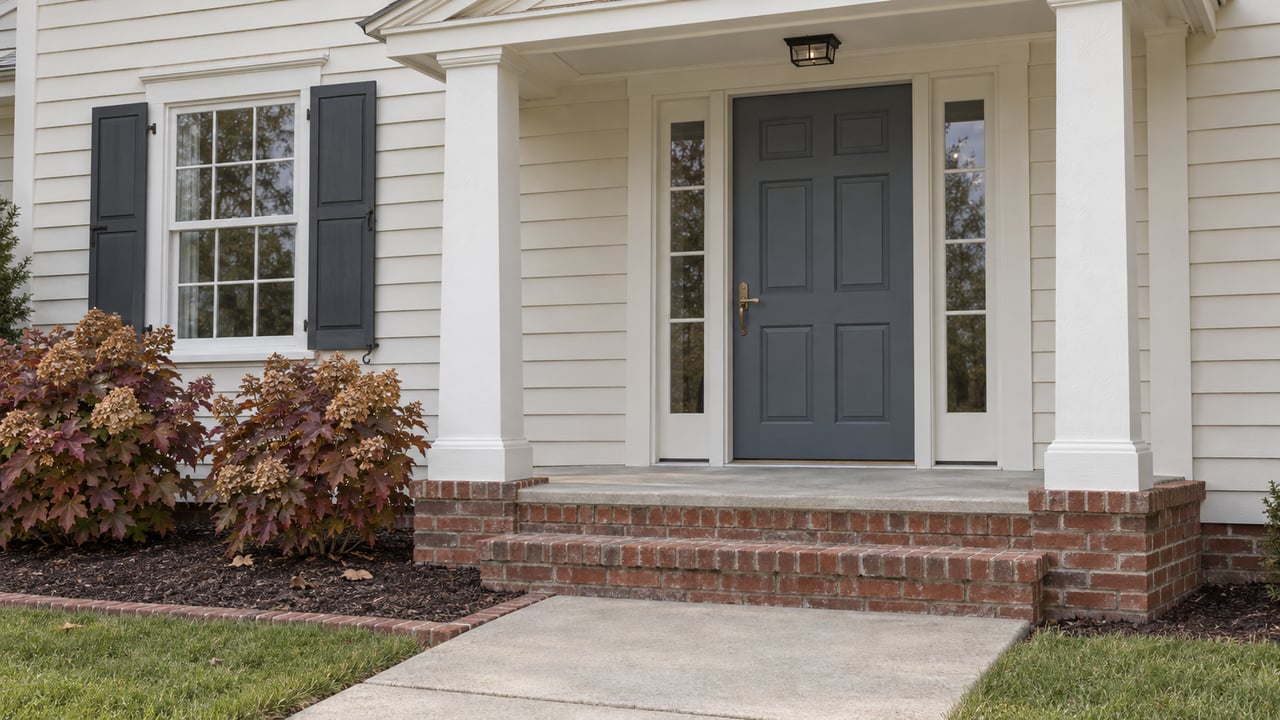 Traditional cream-sided home entry with a blue-gray door, paired white columns, brick steps, and burgundy oakleaf hydrangeas.