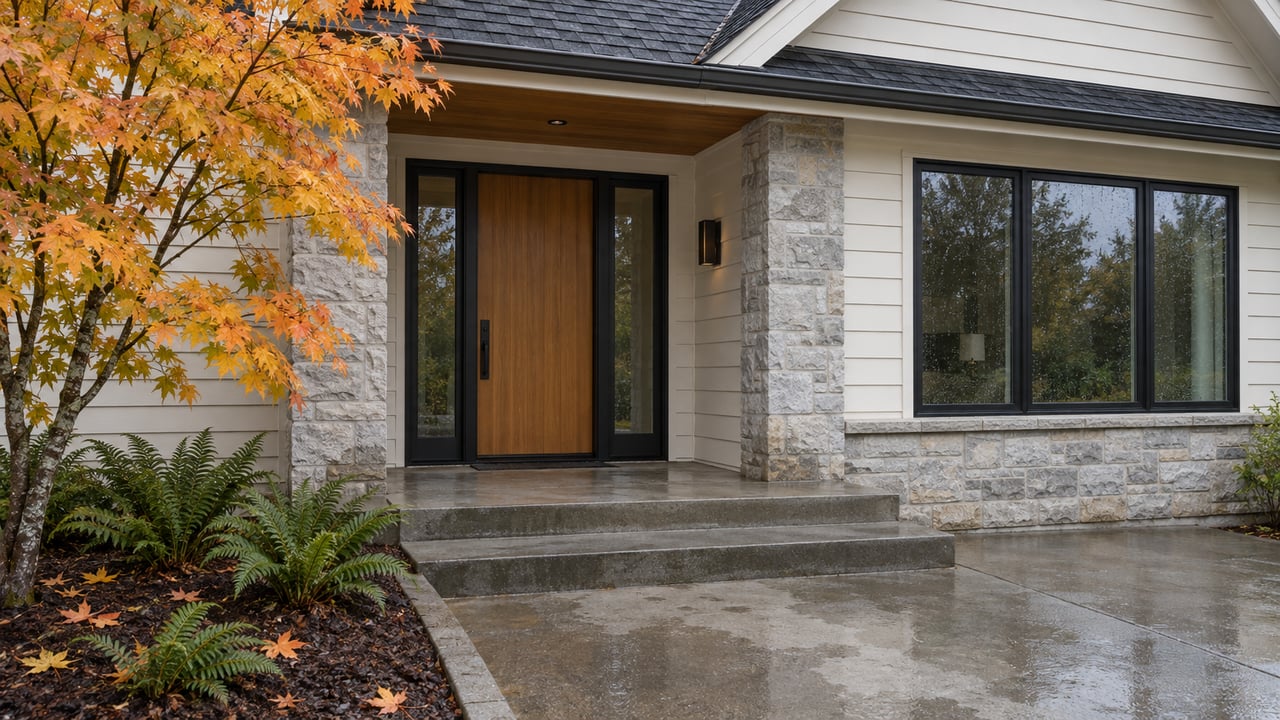 Rain-damp concrete steps lead to a fir front door beside pale stone, white siding and dark-framed windows, with autumn vine maple and sword ferns.