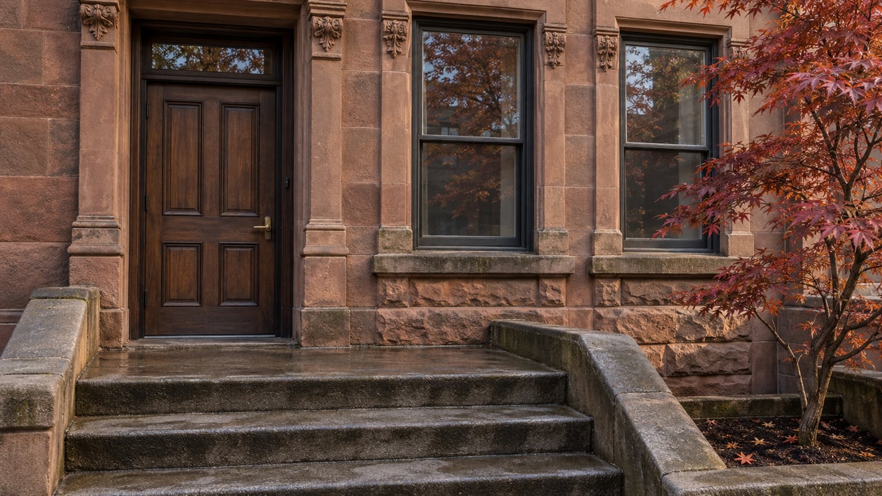 Weathered sandstone townhouse entrance with a walnut door, paired sash windows and a copper-red maple beside the stone stoop.