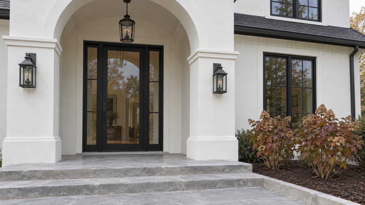 White masonry home entry with an arched portico, black-framed glass door, limestone steps and bronze-leaved oakleaf hydrangeas.