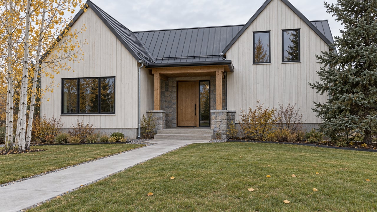 Steep-gabled home with timber entry, stone detailing, and a deep autumn lawn beneath yellow aspens.