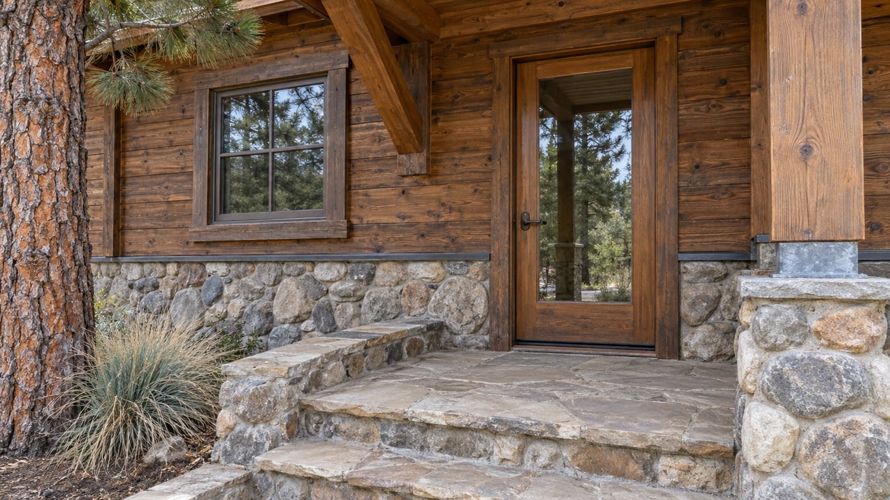 Close view of a timber cabin entrance with a glazed door, river-rock base and worn sandstone steps beside a ponderosa pine.