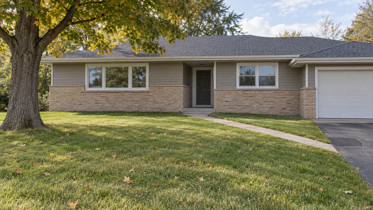 Single-story ranch house with tan brick, gray siding, recessed entry, attached garage, and broad autumn lawn.