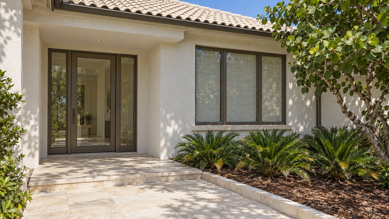 Sunlit pale-stucco home entrance with bronze-framed glazing, limestone paving and sculptural sea grape planting.