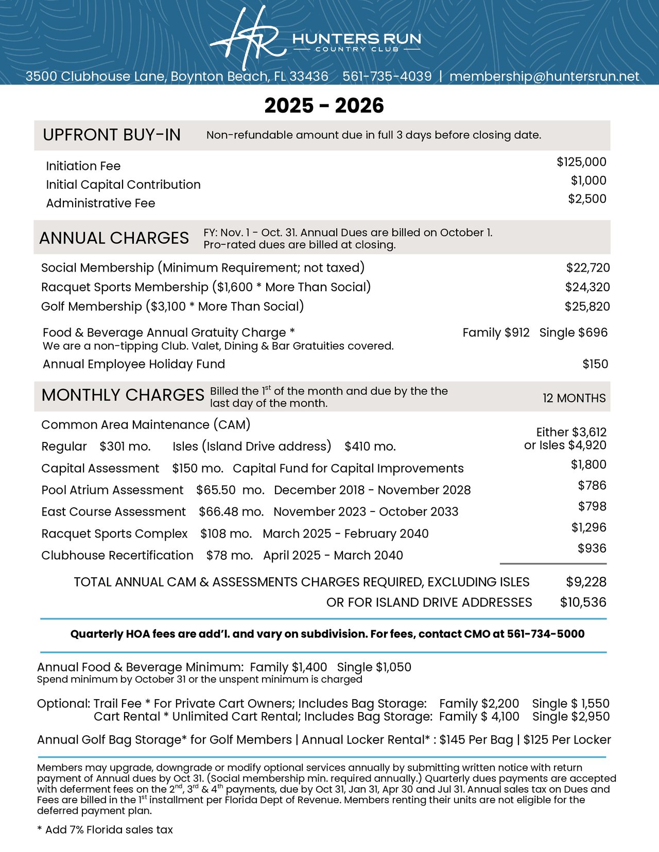 Hunters Run Dues Schedule 2025 2026