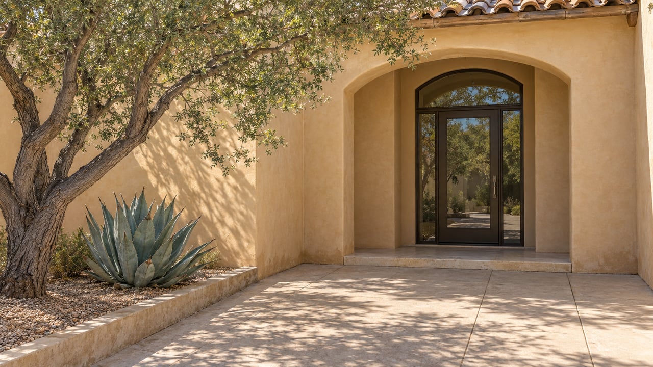 Sunlit ochre stucco home entry with a closed glass door, clay tile eave, ironwood tree and blue-gray agave beside a paved courtyard.