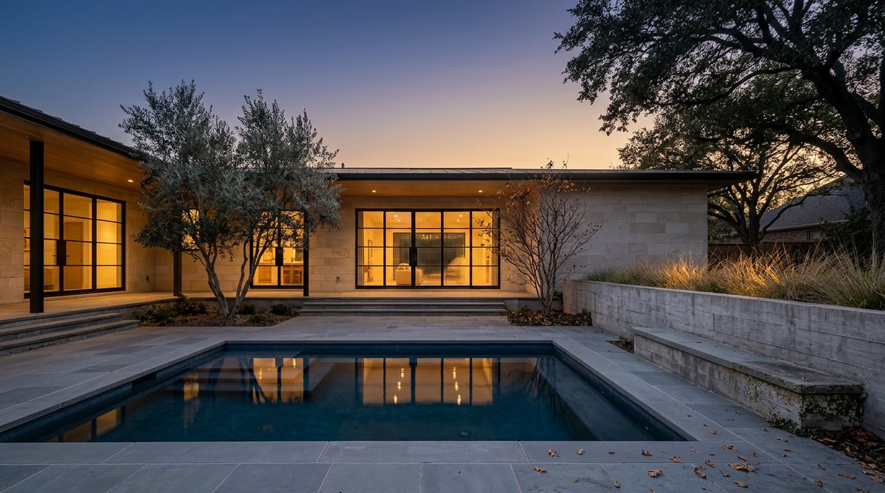 Limestone home glowing through black-framed glass doors above a still pool, with an oak canopy against the dusk sky.