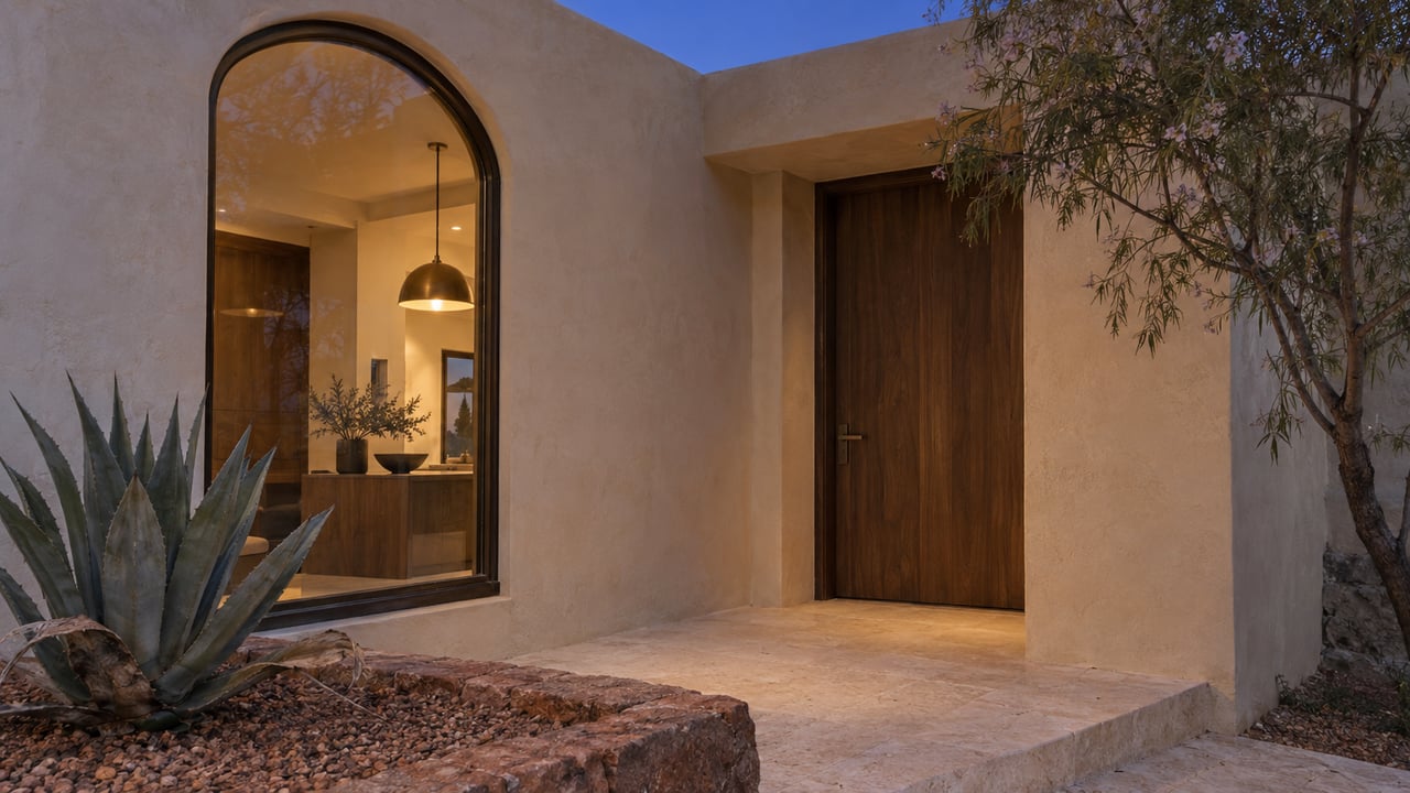 Cream stucco entry with arched window, glowing bronze pendant, walnut door, and agave in a gravel bed.