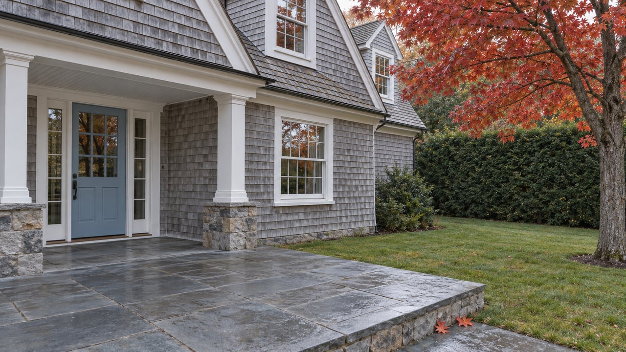 Weathered cedar-shingle home with a pale-blue glazed entry, bluestone terrace and autumn maple beside a broad lawn.