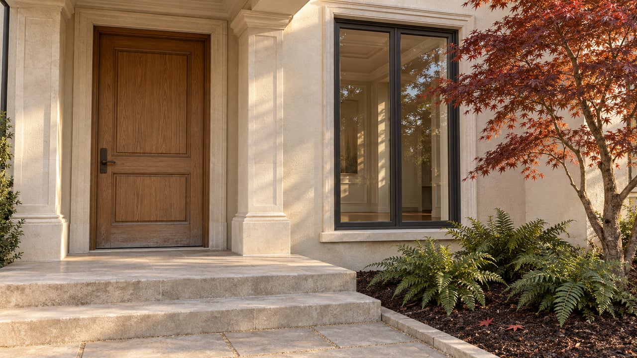 Home entrance with a wooden door, stone steps, and red Japanese maple foliage.