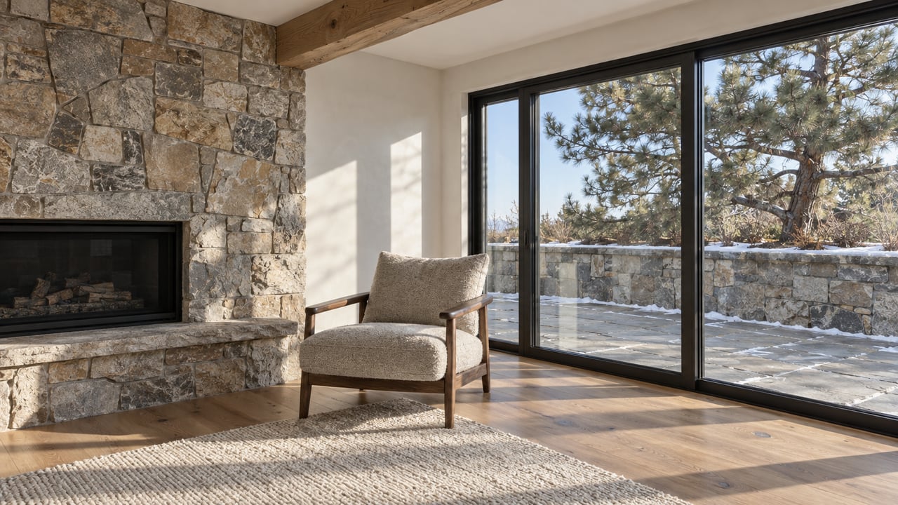 Bright living room with quartzite fireplace, wool lounge chair and oak floors beside tall windows overlooking a lightly snow-dusted stone terrace and a limber pine.