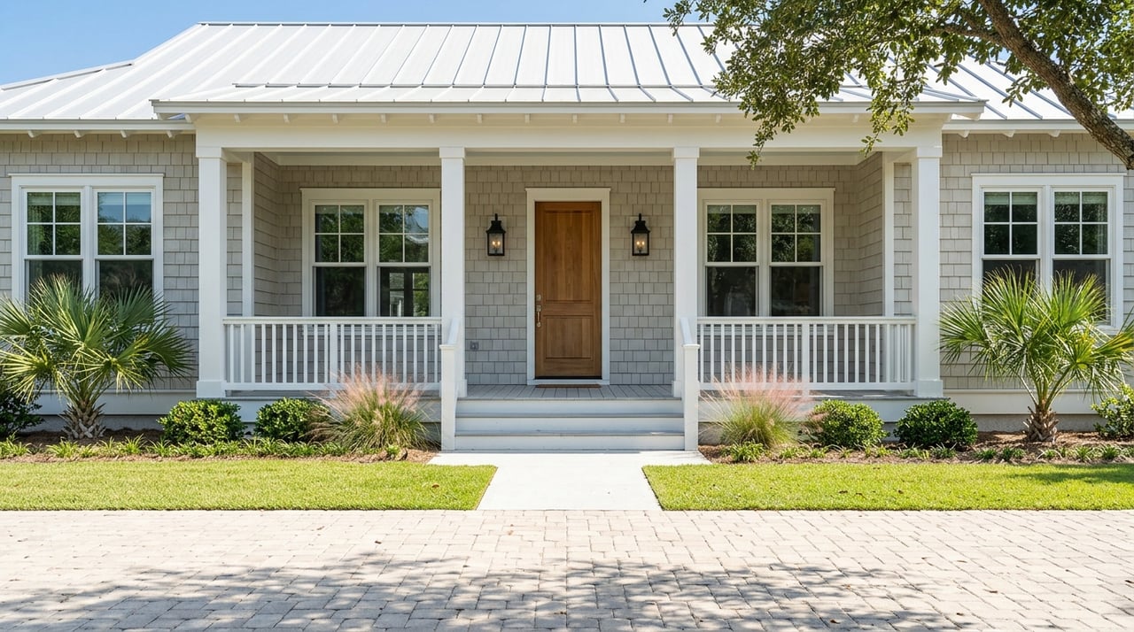 Coastal estate facade with a prominent porch and neatly maintained landscaping.
