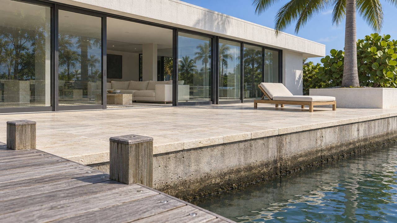 White stucco waterfront home with glazed living room, pale stone terrace, tropical specimen planting and a weathered timber dock beside green-blue water.