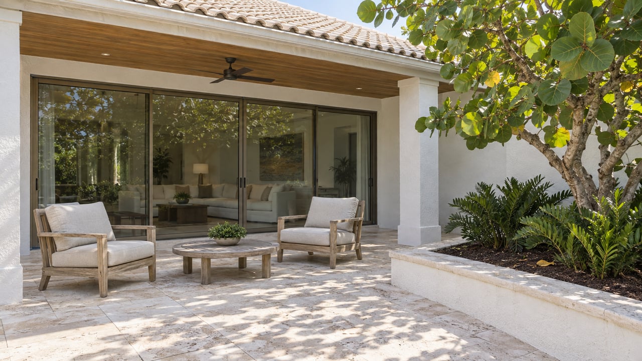 Stone patio with cushioned chairs and a coffee table beside large sliding glass doors.