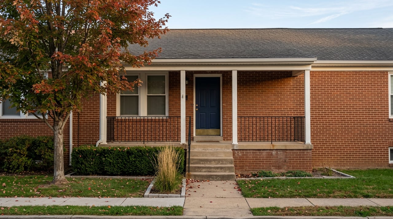 Brick twin home with a navy door, white porch posts, and a red-orange maple beside the front walk.