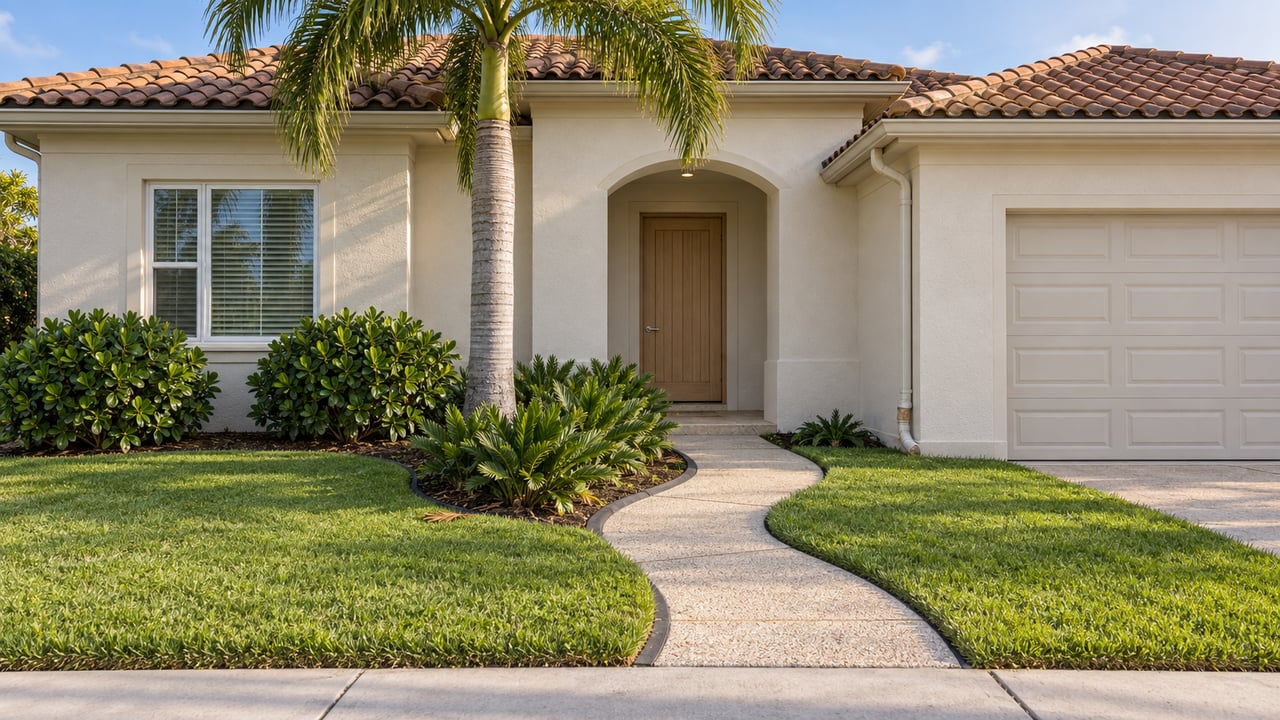 Stucco home with terracotta roof, arched oak entry, curved walkway, palm tree, and rounded shrubs.