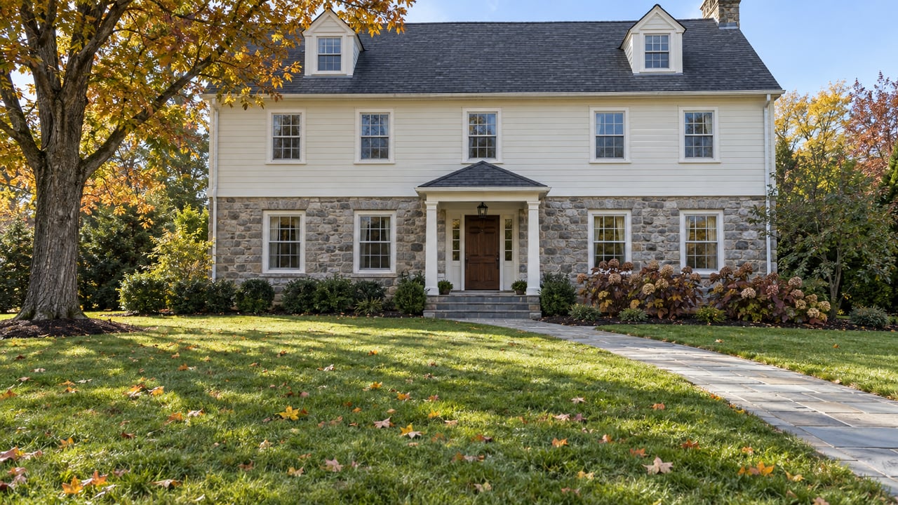 Stone-and-clapboard home behind a broad autumn lawn, framed by an amber sugar maple and a bluestone entry walk.