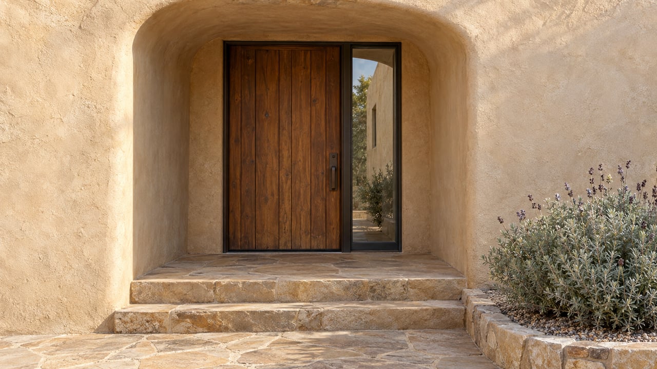 Rounded sandy stucco entry with a closed timber door, narrow glass sidelight, worn stone steps and a silver-leaved sage planting.