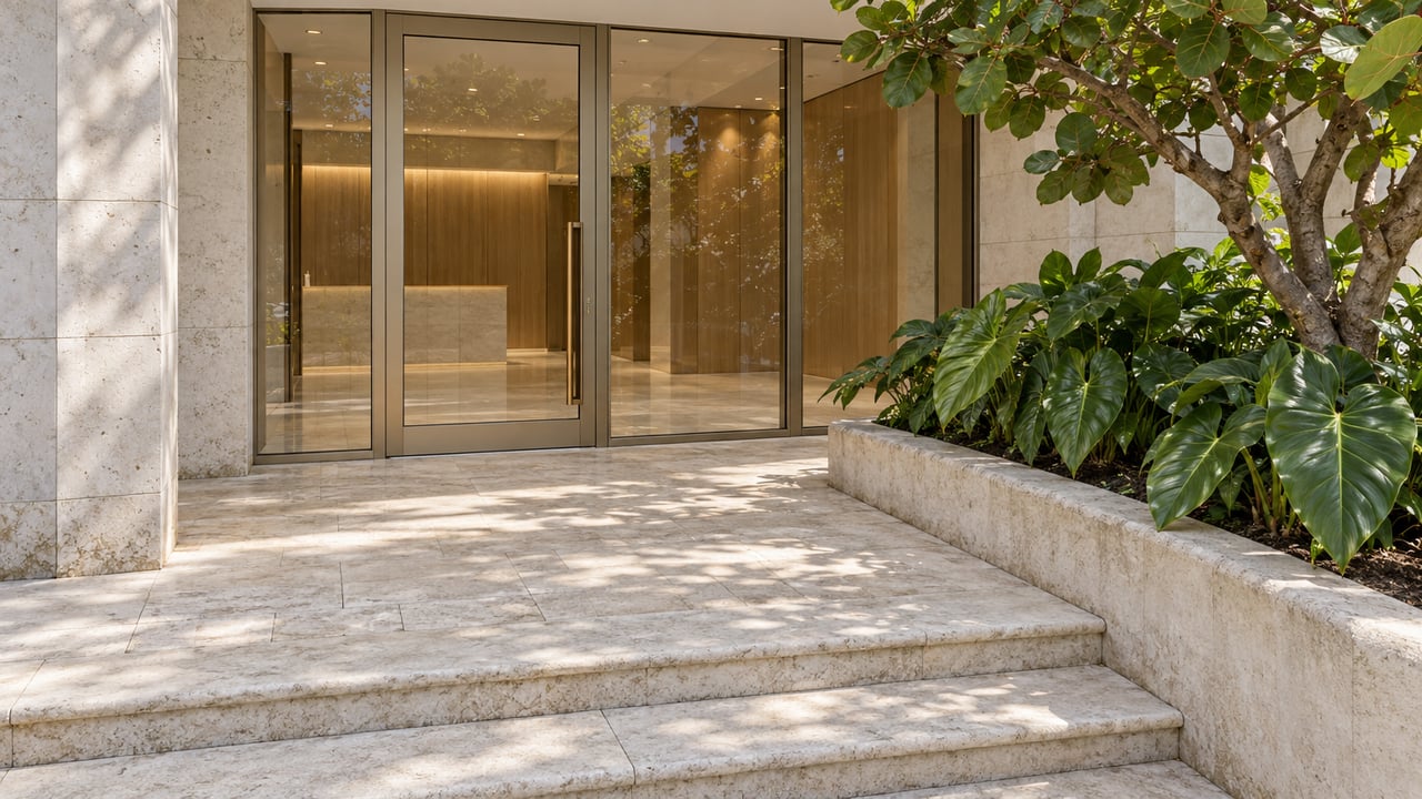 Pale limestone steps lead to a glazed residential lobby beside a raised tropical planting bed.