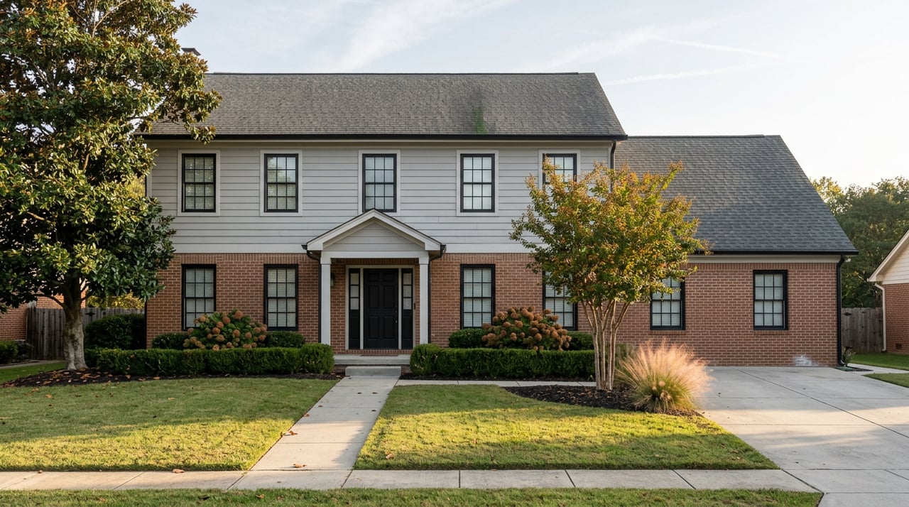 Two-story brick-and-gray-sided house with a gabled porch, gridded windows, and mature fall landscaping.