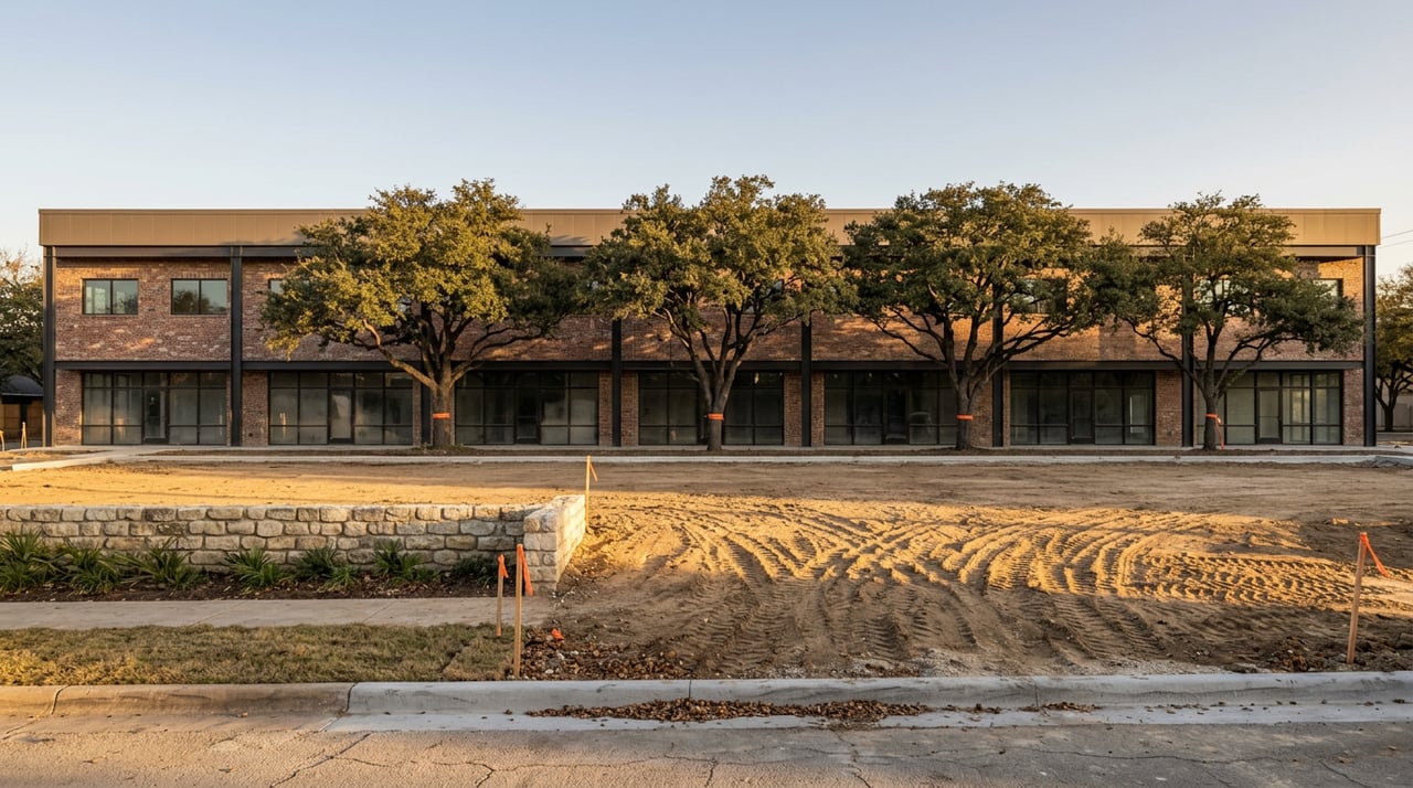 Graded construction pad with tire tracks, tape-wrapped live oaks, and a two-story brick-and-steel building.