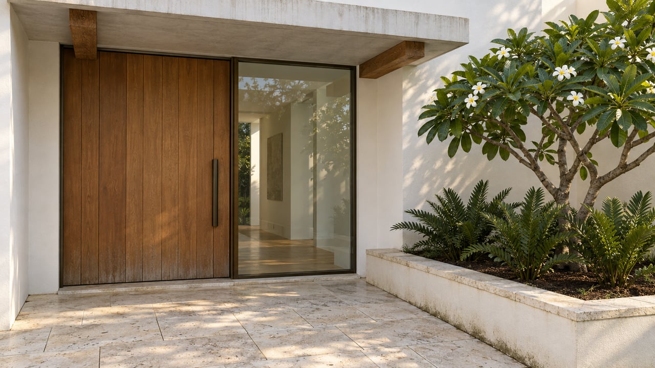 Contemporary white home entrance with a hardwood door, bronze-framed window, pale limestone approach, and a raised planter containing a flowering frangipani and cycads.