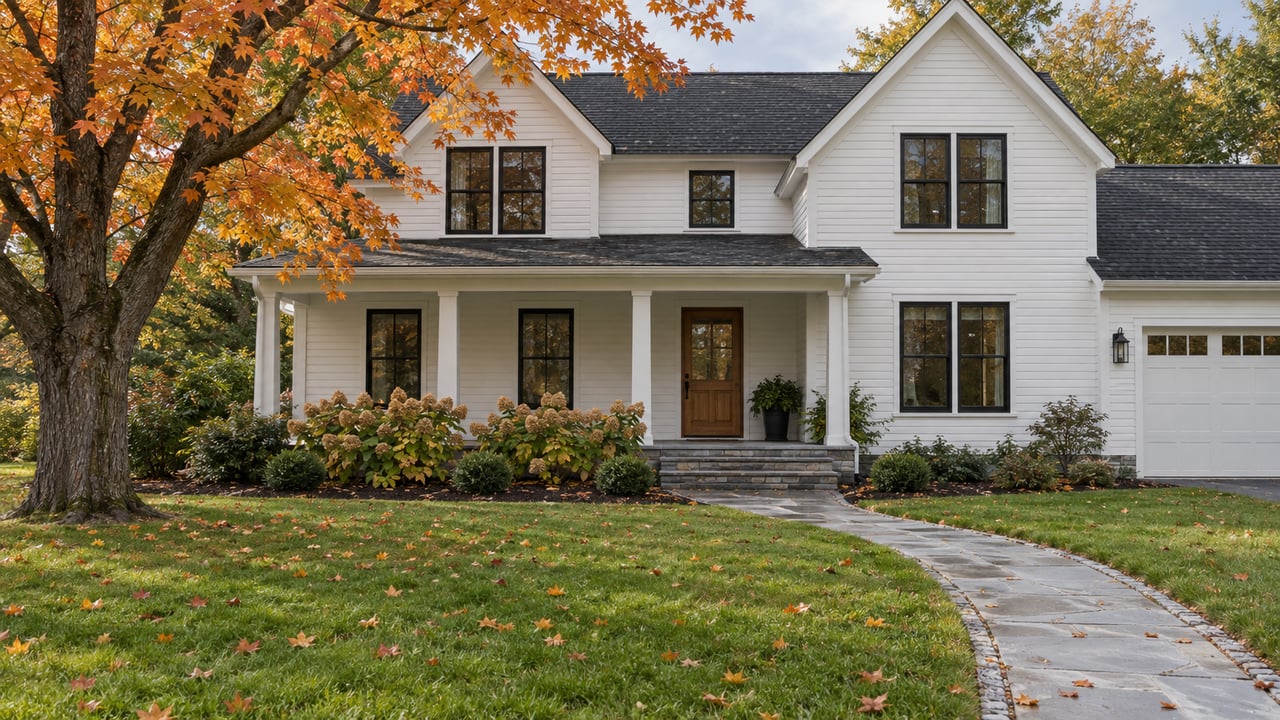 White clapboard home with a covered stone porch, broad lawn and mature orange-leaved maple in soft autumn daylight.