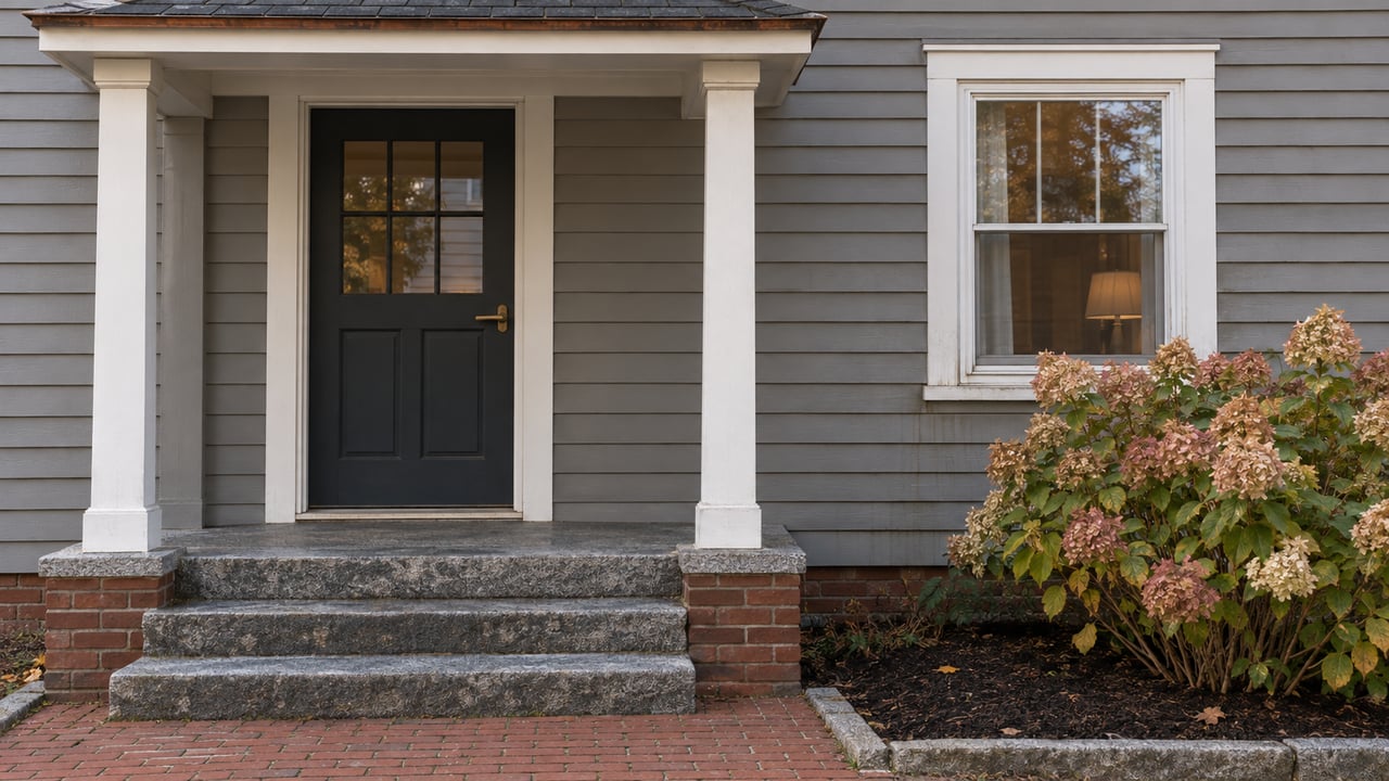 Gray clapboard residence with a covered entry, granite steps, brick walk and a flowering hydrangea beneath a white-trimmed window.