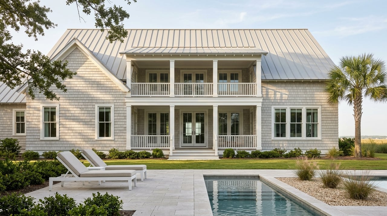 House rear elevation with a metal roof and pool terrace paved with tabby.