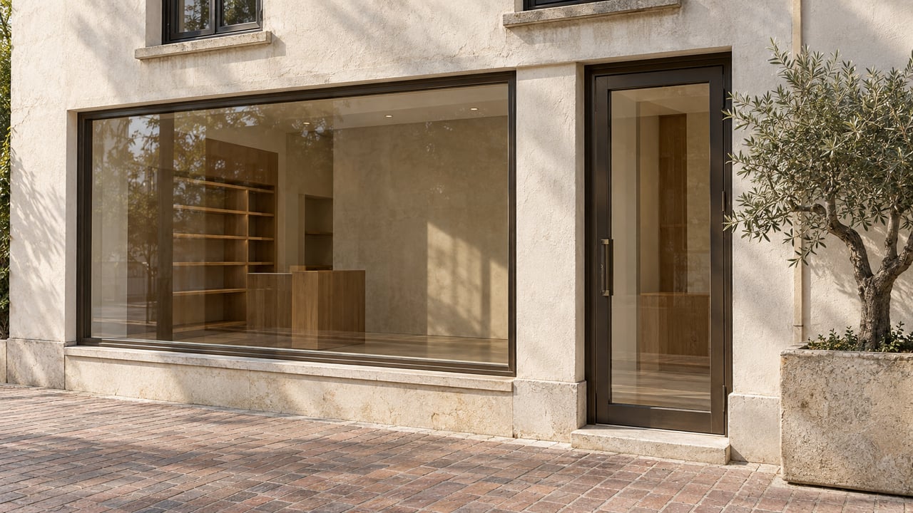 Two-story stucco storefront with a broad display window, narrow glass entry, and olive tree in a limestone planter.