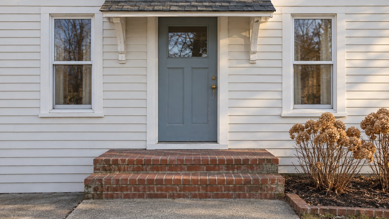 Sunlit cottage entrance with a muted blue door, white clapboards, brick steps and dormant oakleaf hydrangeas.