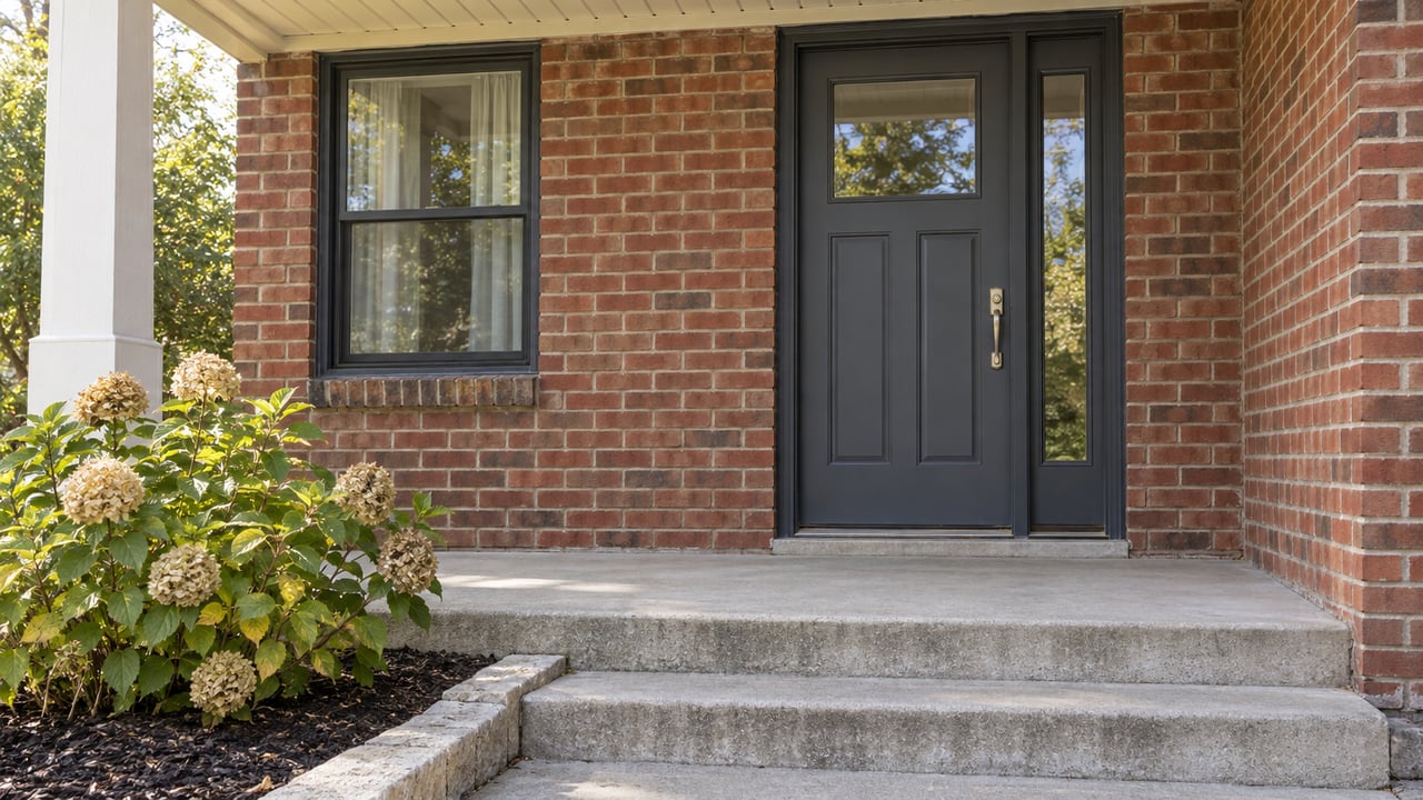 Brick home entrance with a dark gray door, concrete steps, and flowering shrubs.