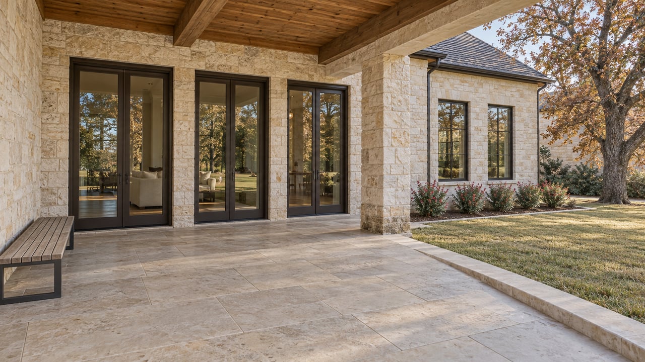 Covered limestone terrace with timber ceiling, dark framed glass doors, and an autumn oak beside a broad lawn.
