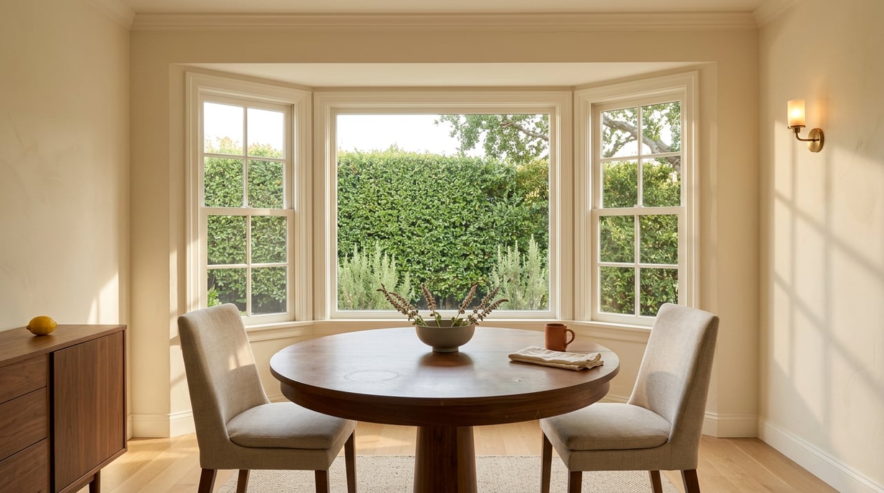 Walnut breakfast table and linen chairs sit before a sunlit bay window overlooking a clipped hedge.