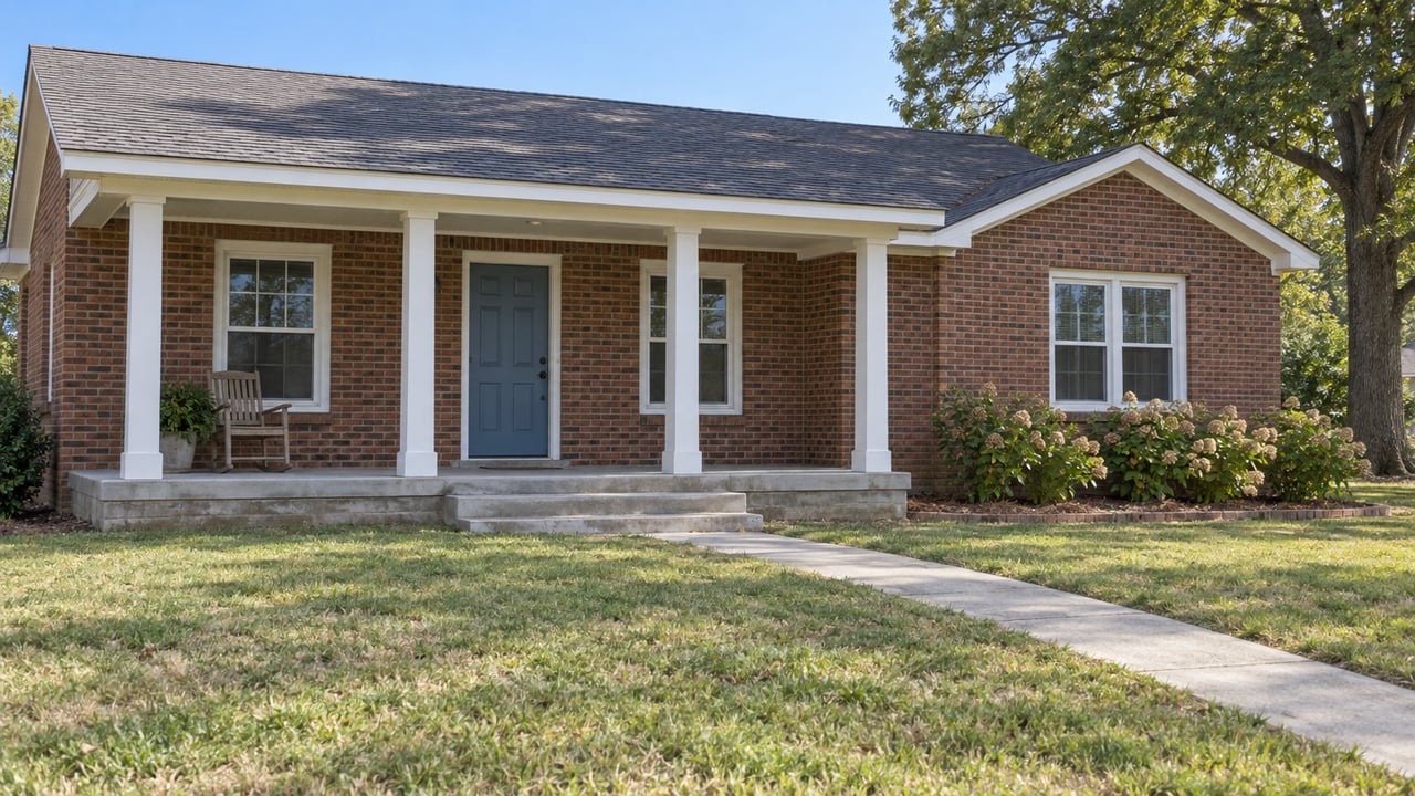 Brick cottage with a white-columned covered porch, blue front door, broad lawn, and a mature oak beside the house.