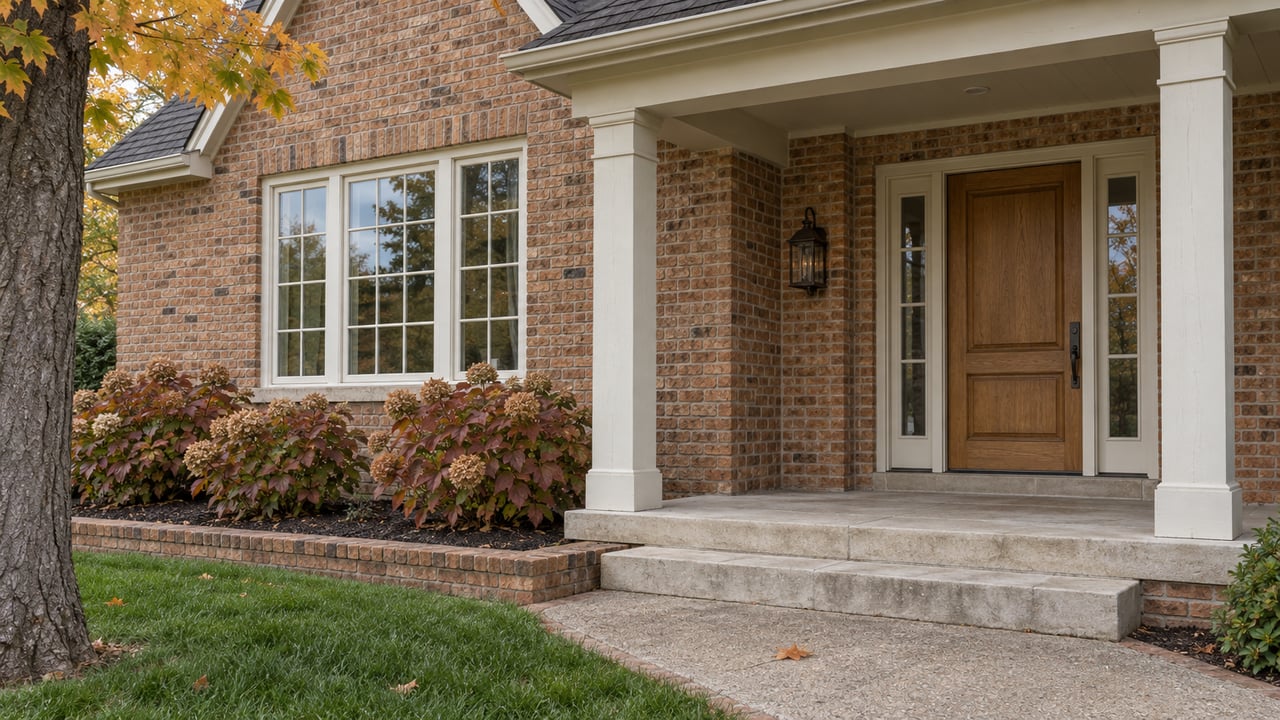 Brick home entry with an oak door, limestone steps and autumn oakleaf hydrangeas beside a divided-light window.