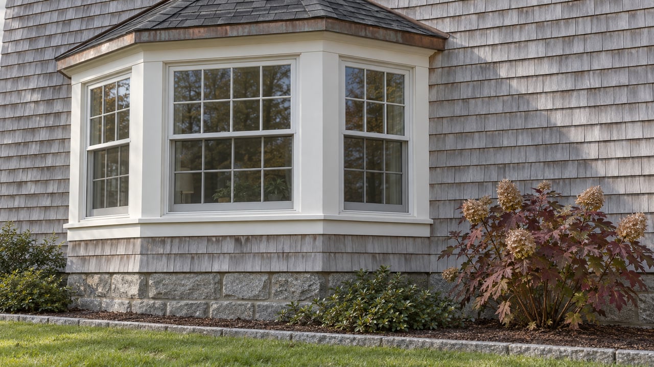 Silver-gray cedar shingles and white-trimmed bay windows above a granite foundation, with burgundy oakleaf hydrangea and an autumn lawn.
