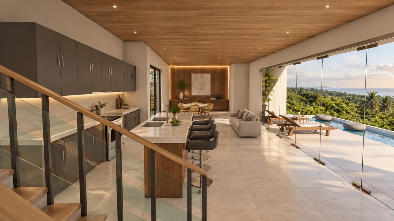 Rendered open-plan kitchen and living area opening to a pool, tropical forest and ocean view.