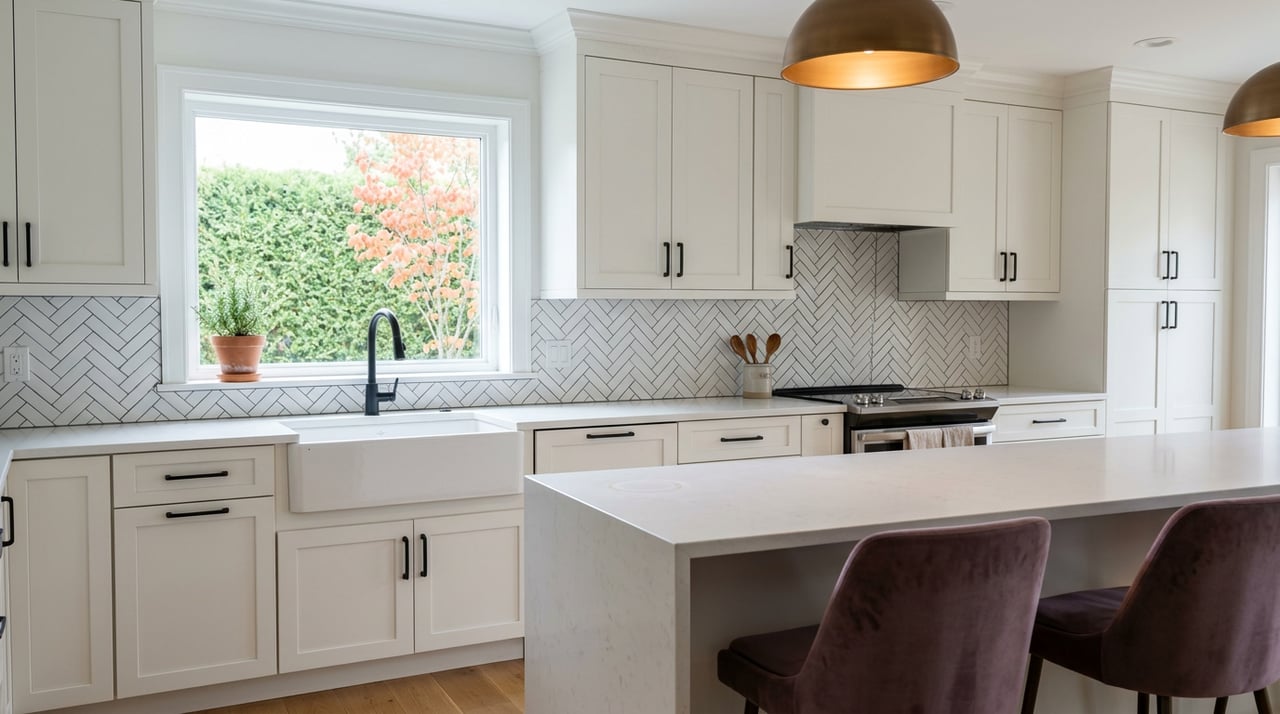 White kitchen with a farmhouse sink beneath a garden-facing window, plum stools, and a bronze pendant.