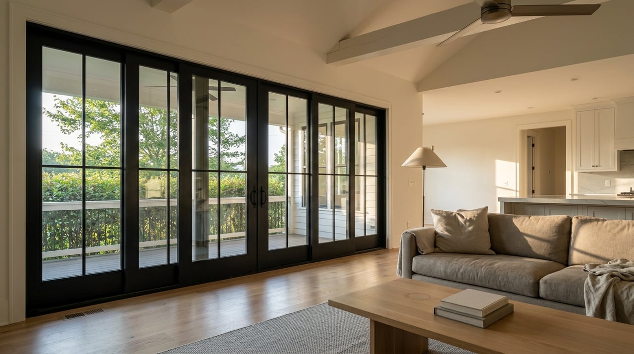 Vaulted great room with glass-pane doors, sunlit oak floor, greige sofa, and kitchen island.