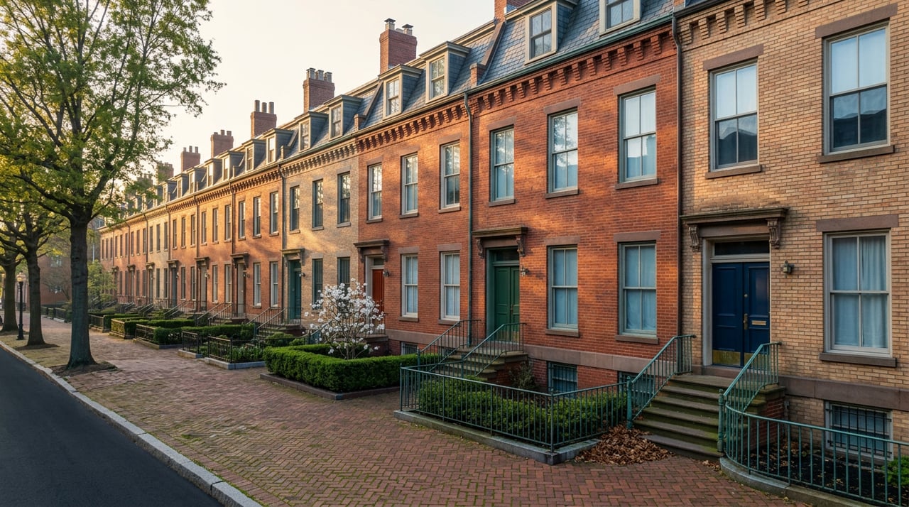 Attached brick townhouses with slate roofs, iron stoop railings, and a magnolia blooming in a front garden.