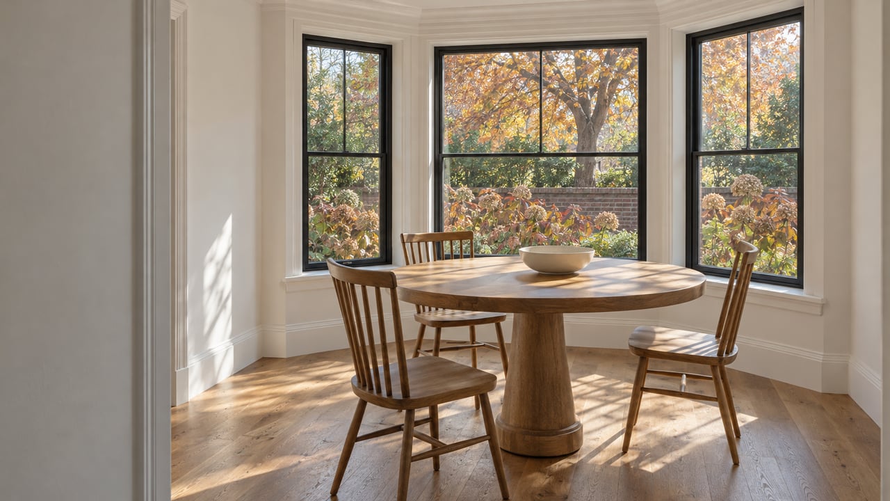 Sunlit oak dining table and three chairs in a white-trimmed bay with black-framed windows overlooking amber foliage and a brick garden wall.