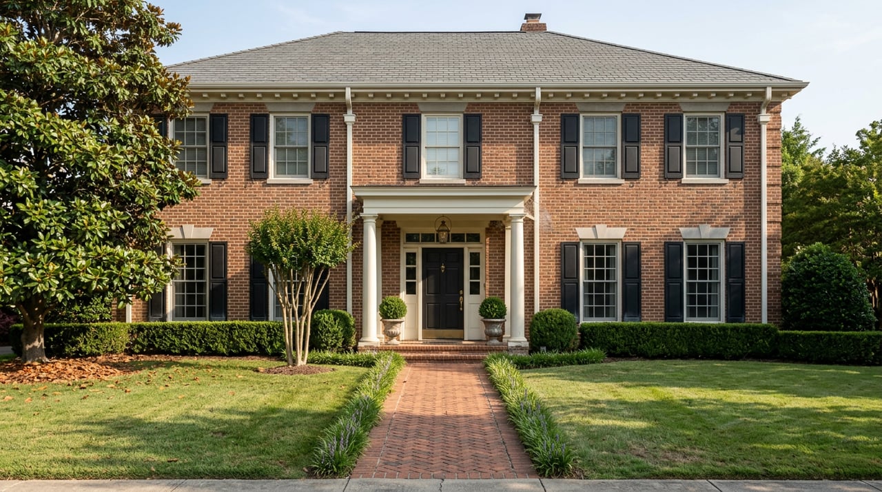 Two-story brick Colonial with a columned portico, black shutters, and clipped boxwood hedges.